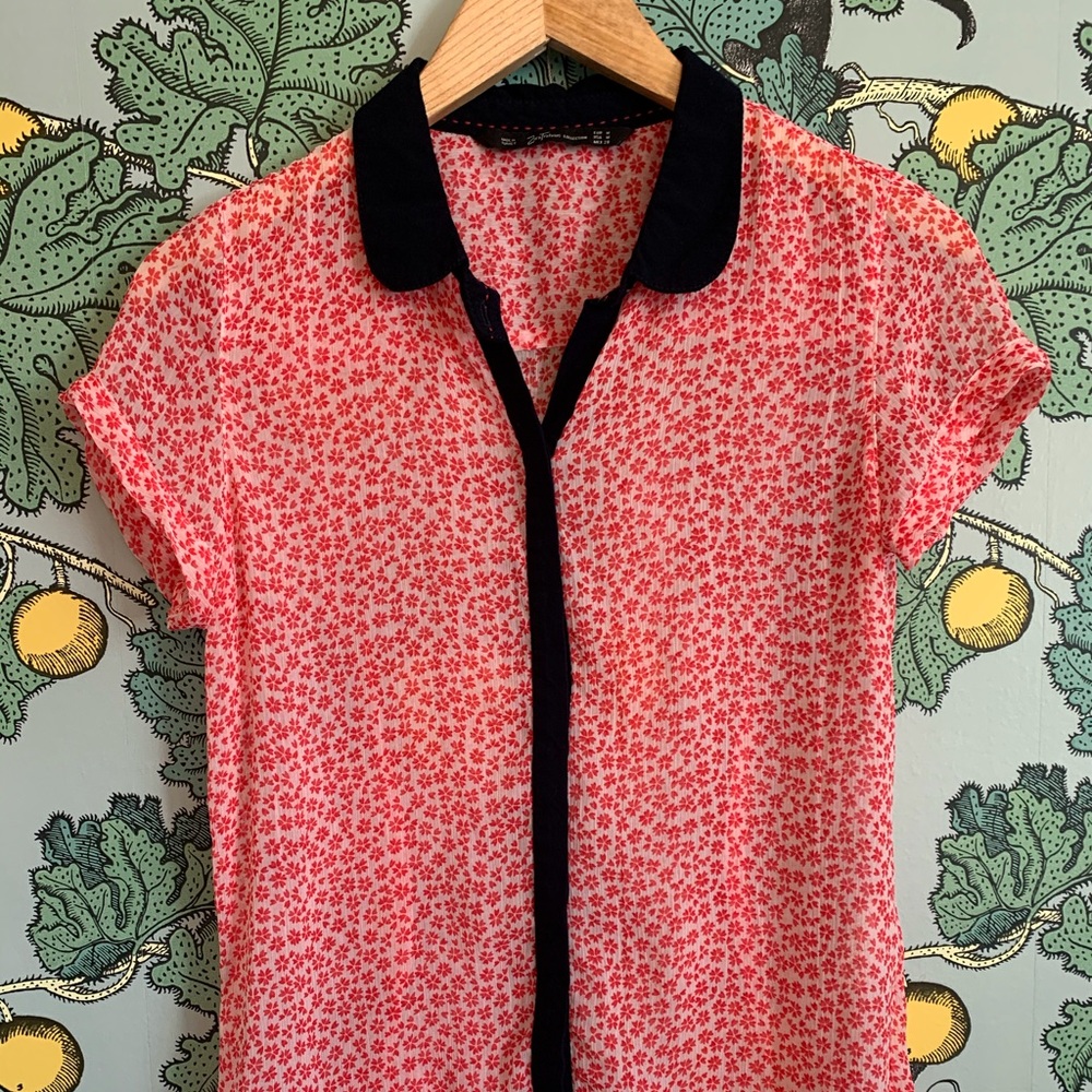 Zara Sheer Pink Floral Blouse with Navy Collar